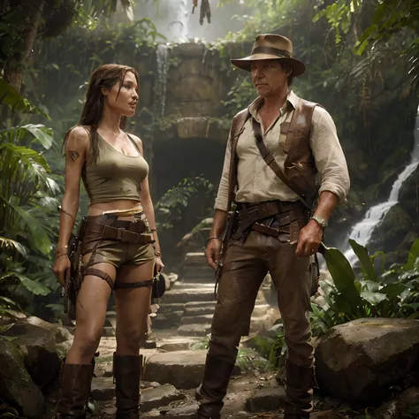 crea una imagen de Indiana Jones ((Harrison Ford))y Lara Croft((Angelina Jolie) (tomb raider)) Sipping wine in an archaeological tomb ((agrega tesoros)) con una cascada y jungla de fondo. aplica super realismo, 4K, 8k, Maximum resolution,