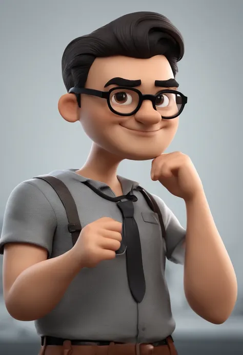 Cartoon character of a man with Japanese features and black glasses, cabelo cacheado marrom escuro, corte de cabelo degrade e uma camisa preta, animation character, Caractere estilizado, animation style rendering, 3D estilizado, Arnold Maya render, 3 d ren...