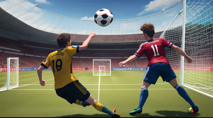 Angry soccer ball kicking a man into a soccer goal