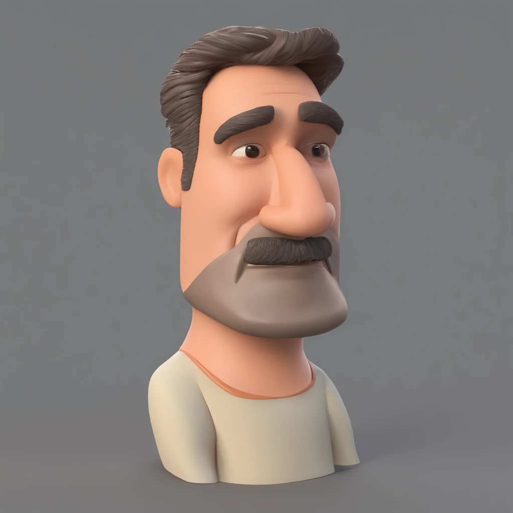 Criar um personagem no estilo Pixar. Trata-se de um homem de 30 anos, com barba, Branco, com cabelos castanhos curtos e um quiff, e olhos castanhos. Ele deve estar na frente de um computador, Trabalhar como designer