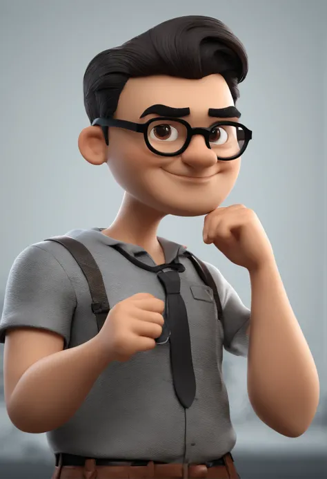 Cartoon character of a man with Japanese features and black glasses, cabelo cacheado marrom escuro, corte de cabelo degrade e uma camisa preta, animation character, Caractere estilizado, animation style rendering, 3D estilizado, Arnold Maya render, 3 d ren...