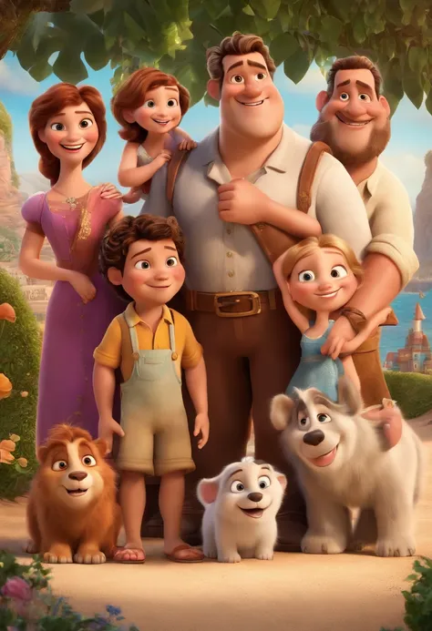 a Disney Pixar movie poster showing a white-skinned family. The father is the tallest, Tem barba curta, loiro, cabelos curtos e espinhosos. The mother has brown eyes and hair, shoulder-length and is slightly overweight. A menina tem 4 anos e cabelos castan...