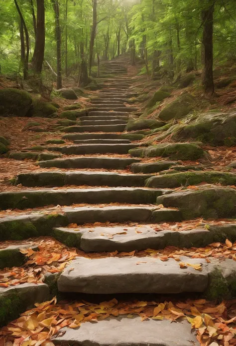 Close-up of stone steps in the forest that have fallen to the ground, Beautiful fece, Steps, 400 steps, stairway to heaven, stairs, Falling Magic Leaves, by Kanō Tanyū, 🕹️ 😎 🚬, stairs from hell to heaven, aomori japan, amazing composition, steps leading do...