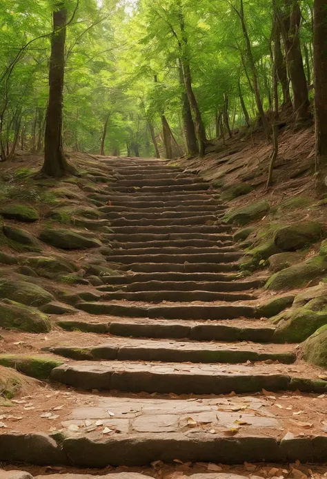 Close-up of stone steps in the forest that have fallen to the ground, Beautiful fece, Steps, 400 steps, stairway to heaven, stairs, Falling Magic Leaves, by Kanō Tanyū, 🕹️ 😎 🚬, stairs from hell to heaven, aomori japan, amazing composition, steps leading do...