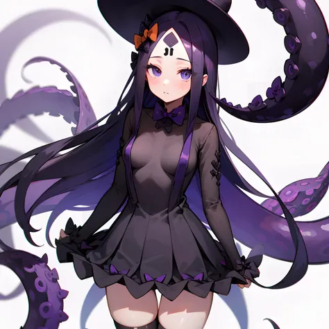 1girl, solo, Abigail Williams+Ninomae Inanis, young woman, black hair, long hair, hairbow, medium breasts, purple tentacles, showy purple dress, threaded dress, partially naked, gorgeous girl, slim figure, black legwear