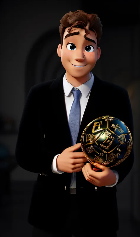 3d pixar disney style movie poster .(8k, RAW photo, best quality, masterpiece: 1.2), (intricate details), perfect eyes, brown perfect face, perfect lighting, beautiful, (masterpiece: 1.2 ), (best quality: 1.2), 1 Player holding a French football Golden Bal...