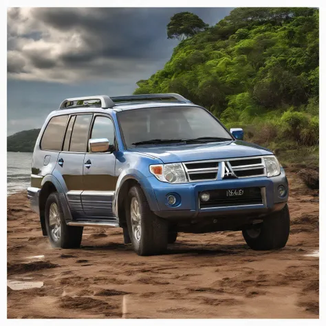 Mitsubishi pajero full vehicle in a big dunna, clouds in the sky, na cidade de Natal, rio grande do norte, Incredible reflections of the sky, Incredible reflections, beautiful reflection, foto deslumbrante, epic and stunning, cruzando o horizonte azul