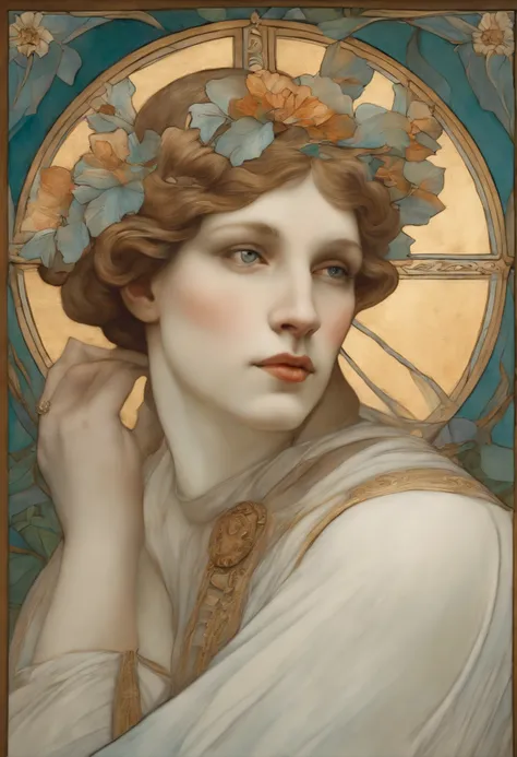 Uma pintura em aquarela super detalhada altamente definida，Um homem masculo com as roupas rasgadas chorando, Anthropomorphic male, figura masculina, arte detalhada da capa, Como um deus das flores, No estilo de Alphonse Maria Mucha e Gustave Kilmut, Acento...