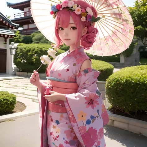 1 girl with a whole body、A pink-haired、Curly hair、floral headband、Courtyard of the mansion、Gorgeous kimono、off shoulders、Holding a parasol、Japan anime-style odd-eye,