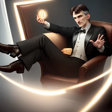 Create Nikola Tesla holding Bitcoin in his hands sitting on a chair