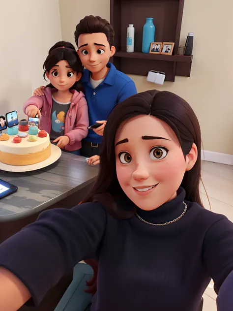 Woman taking selfie with her family of three celebrating