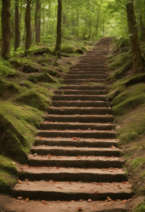 Close-up of stone steps in the forest that have fallen to the ground, Beautiful fece, Steps, 400 steps, stairway to heaven, stairs, Falling Magic Leaves, by Kanō Tanyū, 🕹️ 😎 🚬, stairs from hell to heaven, amazing composition, Climb to the top、You can see t...