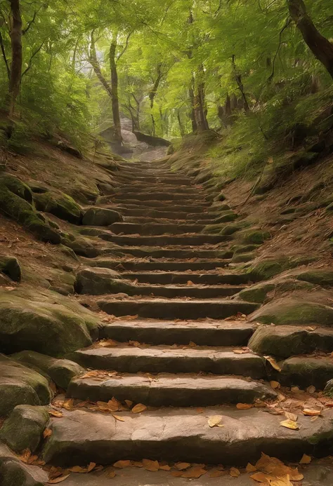 Close-up of stone steps in the forest that have fallen to the ground, Beautiful fece, Steps, 400 steps, stairway to heaven, stairs, Falling Magic Leaves, by Kanō Tanyū, 🕹️ 😎 🚬, stairs from hell to heaven, amazing composition, Climb to the top、You can see t...