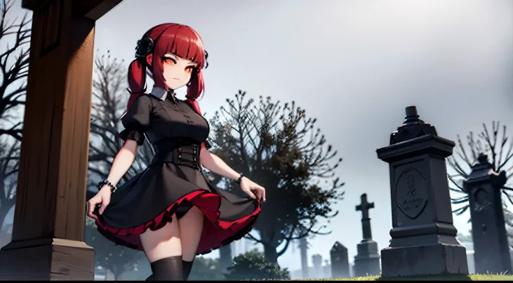 young woman, red hair, yellow eyes, black dress, twintails, black boots, gothic lolita, goth, white flowers in scenerie, 4k, in a cemetery, 4k, cloudy time, grey sky, looking at viewer, mannequins behind,