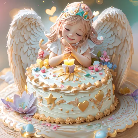 Blessings from angels､Bright background、Heart Mark、happy birthay、Tenderness､A smile、Fantastic fairytale birthday cake，Luminism, Hyperrealism, Ghibli-like colours, first-person view, UHD, anatomically correct, textured skin, masterpiece, high details, super...