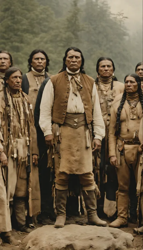 masterpiece, best quality, A group of American Cherokees with one man as chief, giving a speech to a large group of Cherokees, shot from afar, serious face, realistic, looks real, cinematic, scrathes, full body, face expression clear, face must be neat