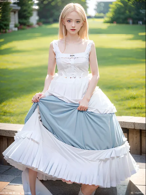 (masterpiece, Best Quality:1.2), 8K, 85 mm, Official art, Raw photo, absorbers, Platinum Blonde Hair, (Blue eyes, Lolita Fashion, sweet Lolita, Gothic, Dress:1.2), Idol face, Upper body, Beautiful Girl, gardenias, Copenhagen, Short sleeve, Elegance, Sophis...