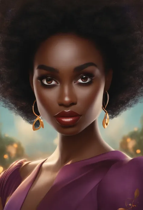 Cire um poster com mulher linda negra, rosto delicado, cabelo cacheado longo e olhos cor de mel. The light is county and pixar style