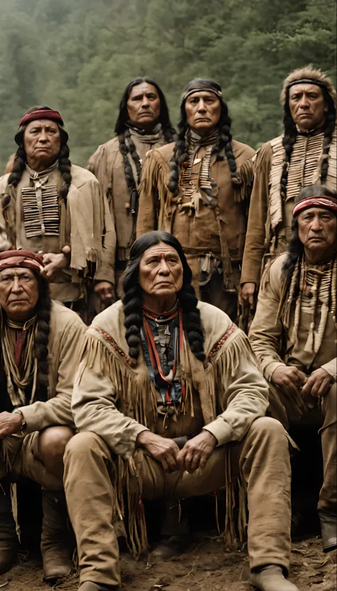 masterpiece, best quality, A group of American Cherokees with one man as chief, giving a speech to a large group of Cherokees, shot from afar, serious face, realistic, looks real, cinematic, scrathes, full body, face expression clear, face must be neat