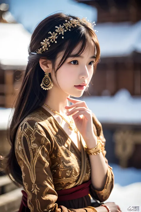 Miao Jin,Hmong,1girll,Solo,jewelry,Brown hair,architecture,ring,Bracelet,east asian architecture,hair adornments,Beads,Brown eyes,Outdoors,necklace,Building,Snow,Long hair,Sitting,dress,traditional garb,Earrings,Lips,A high resolution,Extremely detailed,Be...