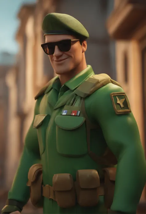 Cartoon character of a man with sunglasses with green flight suit, segurando fuzil, sorrindo, tripulante operacional, colete modular, special forces, militar, animation character, Caractere estilizado, animation style rendering, 3D estilizado, Arnold Maya ...