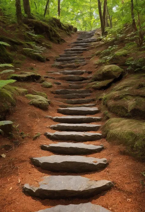 Close-up of stone steps in the forest that have fallen to the ground, Beautiful fece, Steps, 400 steps, stairway to heaven, stairs, Falling Magic Leaves, by Kanō Tanyū, 🕹️ 😎 🚬, stairs from hell to heaven, amazing composition, Climb to the top、You can see t...