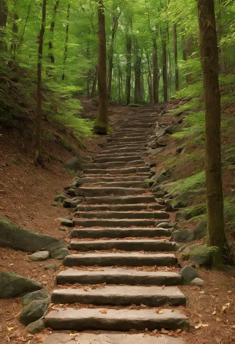 Close-up of stone steps in the forest that have fallen to the ground, Beautiful fece, Steps, 400 steps, stairway to heaven, stairs, Falling Magic Leaves, by Kanō Tanyū, 🕹️ 😎 🚬, stairs from hell to heaven, amazing composition, Climb to the top、You can see t...