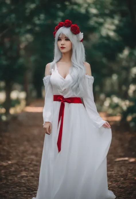 There is a woman with a white dress and a red rose in her hair, Anime Cosplay, Anime Garota Cosplay, foto Cosplay, Estilo anime misturado com Fujifilm, Cosplay, divindade de cabelos brancos, uma bela mulher kitsune, Cosplayer, menina do gato branco, menina...