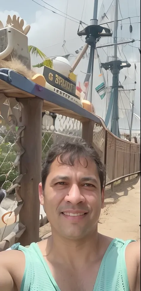 Theres a man standing in front of a fence with a ship in the background, Homem de 4 0 anos, imagem frontal, david rios ferreira, foto Selfie, edu souza, cerca de 3 5 anos, em um navio pirata, navio pirata no fundo, (38 anos), Selfie!!!!!, Selfie!!!!! de um...