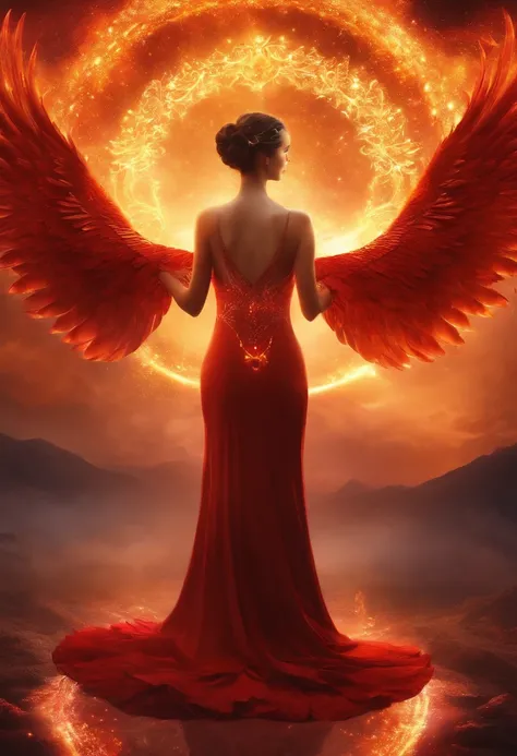 (master part, best quality: 1.2), A girl with phoenix wings standing in a ring of fire, com olhos vermelhos brilhantes, phoenix, lotus flowers, rosa ouro vermelho, Nascer do sol da montanha ao fundo