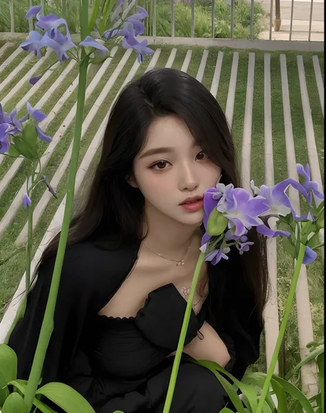 Theres a woman sitting on a bench with flowers in front of her, com flores, Jinyoung Canela, her face looks like an orchid, Ulzzang, Mulher sul-coreana bonita, por Yang J, Jaeyeon Nam, linda mulher coreana jovem, Heonhwa Choe, menina coreana, Sakimichan, c...