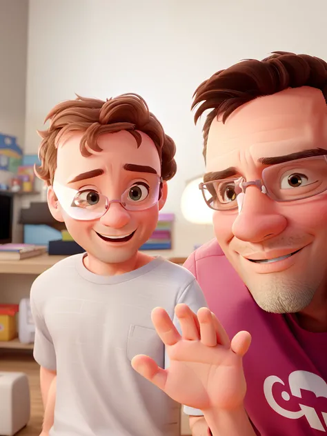 42-year-old man and his 6-year-old daughter with glasses, Disney Pixar poster style in high resolution