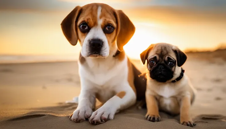 Tire uma foto com [(((1 beagle dog and 1 pug puppy)))] em Sunny Beach em estilo realista