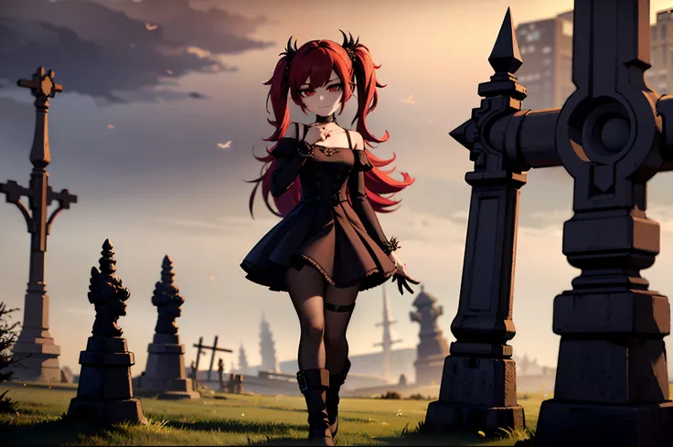 young  woman, red hair, olhos amarelos, vestido preto, caudas duplas, botas pretas, ghotic lolita, lo gothic, flores brancas em ...