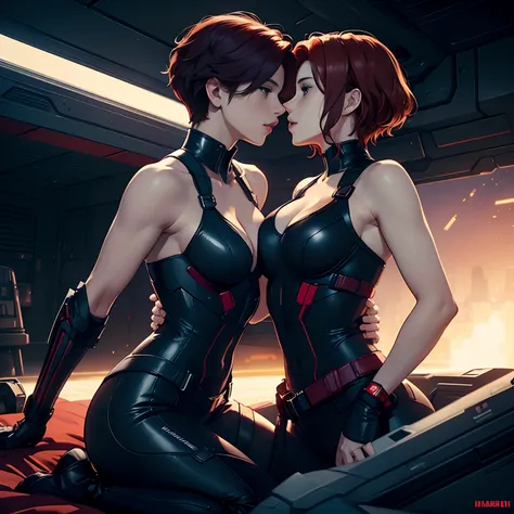 Create an evocative image of Scarlett Johansson as black widow with ((short red hair)) and Cobie Smulders as maria hill with (short dark brown hair), side by side outside a spaceship, resting on a bed, resting on a bed,  gazing silently towards the horizon...