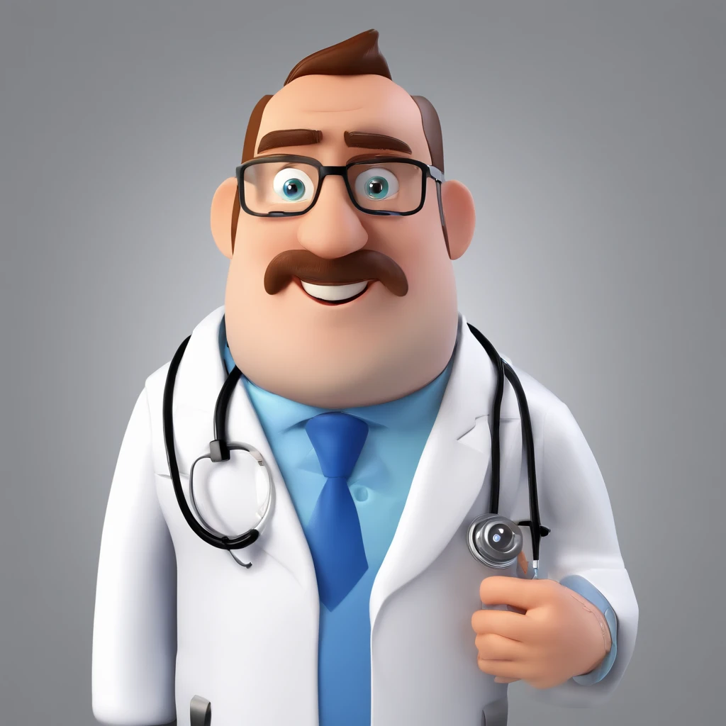 Make a Pixar Style Realistic Poster of 3D Animation. O personagem com barba, olhos castanhos, cabelos loiros penteados para o lado esquerdo, magro, wearing a white doctors coat, watch on left wrist, Has an Arabian face, 8k, coloque um hospital de fundo, Pu...