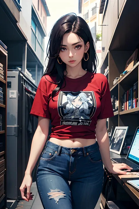 1girl, adorable face, long hair, surrounded by computers, mature woman, jojo’s bizarre adventure, stylish woman, black hair, brown eyes, metal band shirt, jeans,  italian streets, dramatic, detailed features, solo ((HIGHEST QUALITY)), ((GENERATE PERFECTLY)...