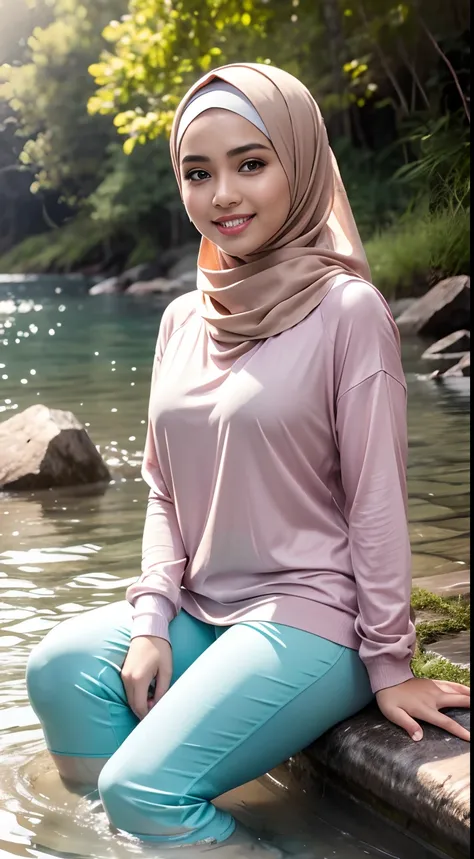 RAW, Best quality, high resolution, masterpiece: 1.3), beautiful Malay woman in hijab (iu:0.8),Best quality, high resolution, Masterpiece: 1.3, Beautiful  hijabi malay girl, Masterpiece, Soft smile,Beautiful Malay women wear pastel color hijab sitting in t...