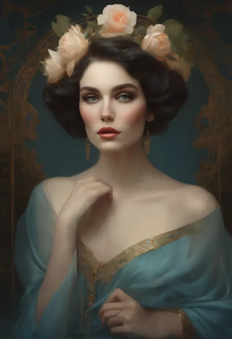 Close up retrato da mulher no vestido azul e coroa da flor, Mucha Klimt e tom bagshaw, tom bagshaw Art Style, tom bagshaw Style, Portrait of tom bagshaw, tom bagshaw, tom bagshaw, Beeple e Jeremias Ketner, Beeple e Alphonse Mucha, tom bagshaw ) ) ),fantasi...