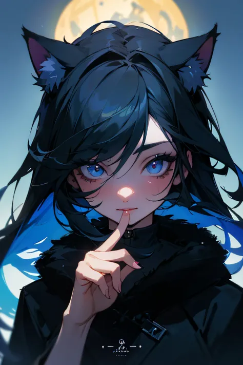 (hight resolution,Masterpiece:1.2),Vivid colors,beautiful detail eyes,beautiful detailed lips,long eyelashes,black coat,fluffy fur,cute expression,Feline Grace,Lets move on to the camera,on a blue background, Neon, night time, ciberpunk, close to face