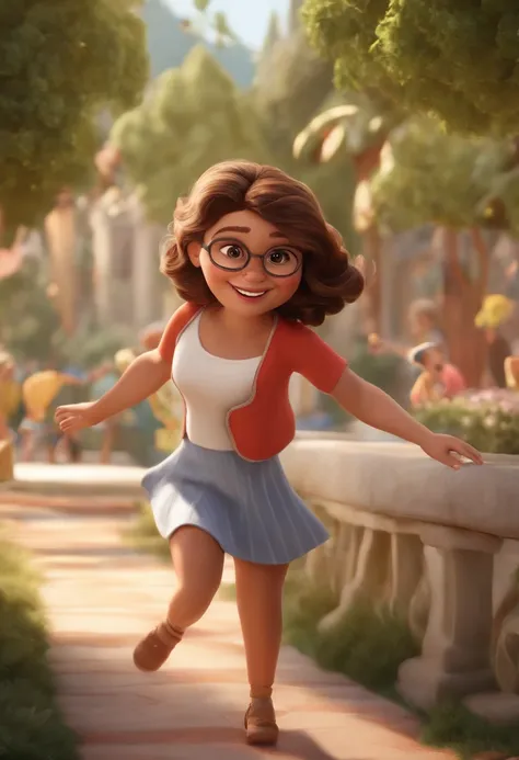 "(best quality,ultra-detalhado,Realistic:1.37),3D rendering,illustration,design de personagens,cabelos curtos e cacheados escuros,belos olhos detalhados,wearing white glasses,Estilo Pixar,morena mulher,Dancing on the Disney stage,atmosfera animada,vivid co...