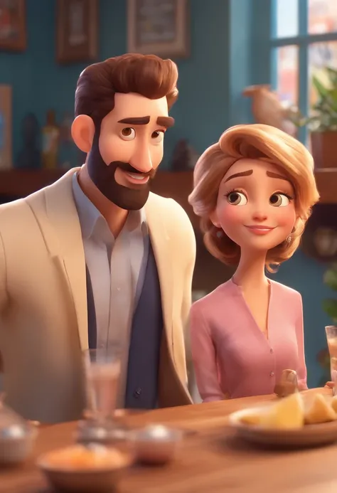 An illustration of an adorable couple, Destacando um homem e uma mulher com beleza, Expressive eyes – the mans hair is bald and brown and he has a full beard, While the womans hair is tied up in a bun and blonde. They are a bright space, Todos com um sorri...