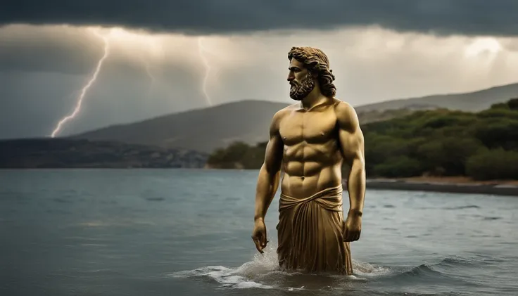 Greek stoic man statue with a strong and robust body, similar to the ancient statue of Zeus, wet with water on the body, golden tunic, white and silver eyes, sea landscape background, sea water splashing on the statue looking like it is wet, effect rain, l...