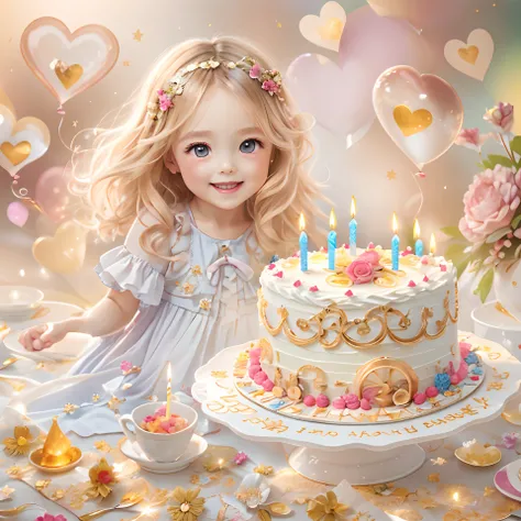 Blessings from angels､Bright background、Heart Mark、happy birthay、Tenderness､A smile、、Fantastic fairytale birthday cake plate，A high resolution