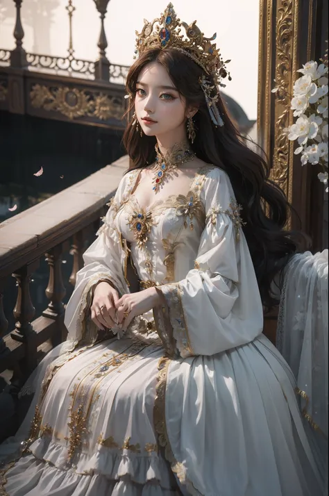 ((top-quality、​masterpiece、photographrealistic:1.4、8K))、1 beautiful detailed girl、extremely detailed eye and face、beatiful detailed eyes、（Complex luxury red dress in medieval European style、Luxurious dress hat in medieval European style）、Luxury accessories...