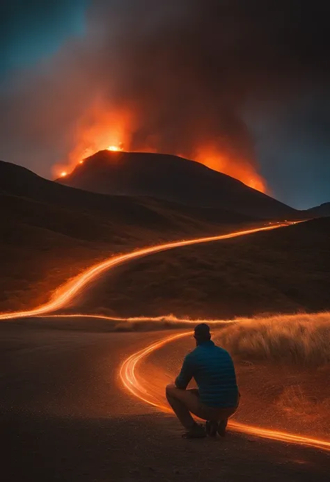 imagem realista ,homem inteligente , apontando o dedo indicador para o ceu , muito fogo ao redor , homem forte