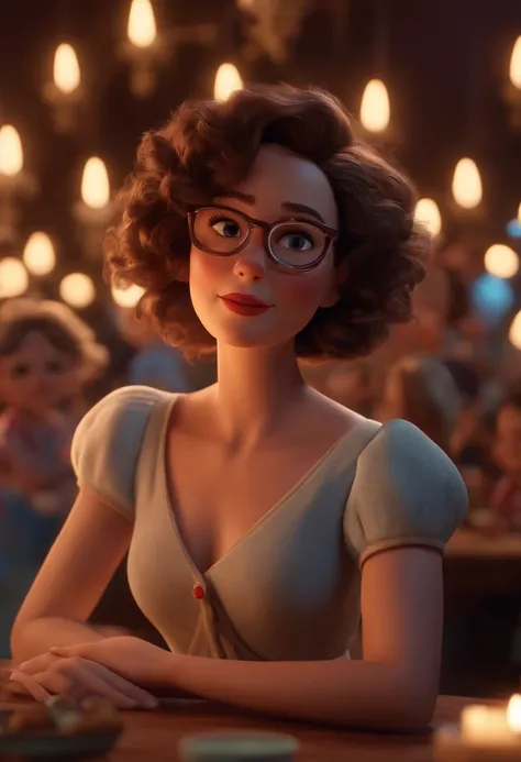 Pixar style image with 3D character white glasses brunette woman short curly hair dancing, Maquiagem Disney,Pescador, bonitinho, sorridente ,Close-up, Pixar, Disney, Cinema lighting,