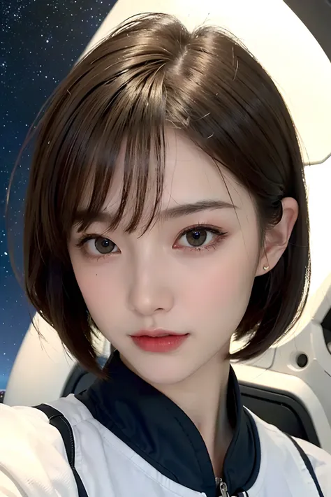 top-quality、​masterpiece、超A high resolution、(realisitic:1.4)、Beautuful Women１、Beautiful detail eyes and skin、ssmile、Light brown short-cut hair、The perfect spacesuit、Inside the spacecraft、cosmic space、planetes、