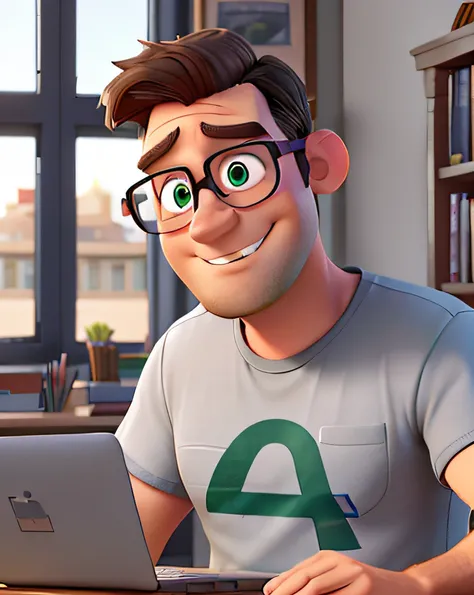 create a Pixar movie poster of a 40 year old man in his office, cropped hair style, thin beard, square glasses, muscular fat man, wearing gray t-shirt, gray hair and green eyes, smiling while working on his modern laptop, crop top cut style, 3D rendering, ...