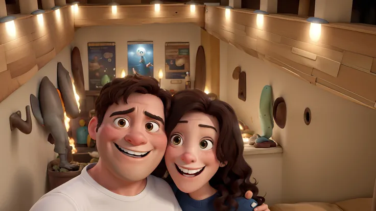 Cartaz de filme da pixar "Elementos" With couple in love hugging and smiling